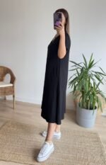 Kadın Kısa Kollu V Yaka Cepli A Kesim Detaylı Viskon Elbise - Görsel 4