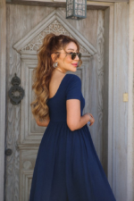 Kadın Kısa Kollu Yuvarlak Yaka önden Yırtmaçlı Cepli Viskon Uzun Elbise - Görsel 4