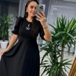 Kadın Kısa Kollu Bisiklet Yaka Fiyonk Broşlu Midi Janjan Krep Elbise