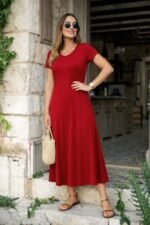 Kadın Kısa Kollu V Yakalı Yırtmaçlı Midi Viskon Elbise - Görsel 3