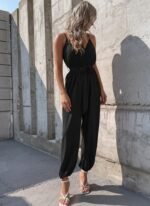 Kadın Ip Askılı Kruvaze Yakalı Belden Kuşaklı Uzun Sandy Tulum - Görsel 4