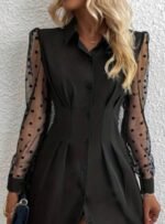 Kadın Uzun Kollu Yakalı Düğmeli Mini Ithal Krep Elbise - Görsel 3