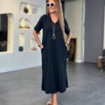 Kadın Kısa Kollu V Yakalı Cep Detaylı Uzun Viskon Iki Iplik Elbise