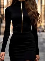 Kadın Uzun Kollu Balıkçı Yaka Yakadan Göğüse Kadar Fermuar Detaylı Mini Kadife Elbise - Görsel 3