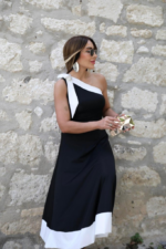 Kadın Tek Omuzu Açık Omuzlardan Kurdela Detaylı çift Renkli Ithal Krep Elbise - Görsel 2