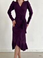 Krep Kumaş Midi Boy Kuşaklı Uzunkol Elbise - Görsel 9