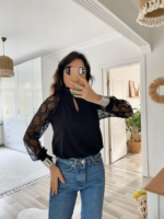 Kadın Uzun Kollu Göğüs Pencere Detay Yaka Boğazlı Kolları Tüllü Sandy Bluz - Görsel 7