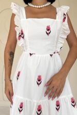 Fuşya Sıfır Kol Fırfırlı Elbise - Görsel 3