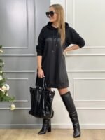 Kadın Uzun Kollu Kapüşon Ve Deri Detay Diz üstü Elbise - Görsel 6