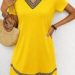 Kadın Kısa Kollu V Yakalı Etnik Desen şerit Detaylı Viskon Elbise