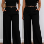 Kadın Yüksek Bel Geniş Paça Detaylı Cepli Ithal Krep Pantolon (kemersiz)