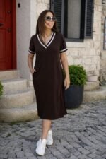 Kadın Kısa Kollu V Yaka Ve Yaka Ribana Detay Midiboy Viskon Elbise - Görsel 2