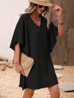 Kadın Kısa Kollu V Yakalı Yanları Volanlı Kısa Ithal Krep Elbise - Görsel 2