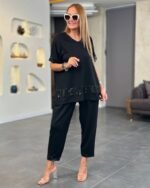 Kadın Kısa Kollu V Yakalı Pul Payetli Viskon Iki Iplik Bluz Ve Pantolon Ikili Takım - Görsel 2