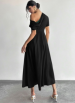 Kadın Omuzdan Açık Kısa Kollu Omuzdan Pileli Uzun Janjan Krep Elbise - Görsel 4