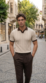 Erkek Örgü Desen Yakalı Kısa Kollu Triko Tişört - %100 Pamuk Akrilik - Görsel 4