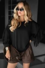 Kadın Uzun Kollu Bisiklet Yaka Kolları Püsküllü Modal Bluz