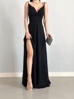 Kadın Ip Askılı Kruvaze Yaka Maxi Boy Abiye Elbise - Görsel 2