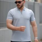 Erkek Fermuar Yakalı çizgi Detaylı Kısa Kollu Tişört