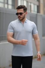 Erkek Fermuar Yakalı çizgi Detaylı Kısa Kollu Tişört
