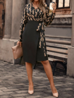 Kadın Uzun Kollu Kruvaze Yaka Dijital Baskılı Fiyonk Detay Atlas Kumaş Elbise - Görsel 2