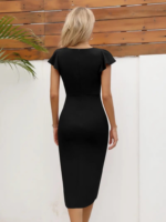 Kadın Kısa Kollu Kalp Yaka Yanlardan Büzgü Detay Midi Janjan Krep Elbise - Görsel 4