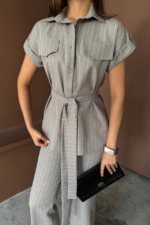 ÇİZGİLİ POLYVİSKON BLUZ - PANTOLON TAKIM - Gri - Görsel 2