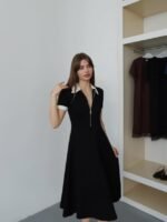 Kadın Polo Yaka Fermuar Detaylı Modal Midi Elbise - Görsel 9