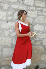 Kadın Tek Omuzu Açık Omuzlardan Kurdela Detaylı çift Renkli Ithal Krep Elbise - Görsel 2