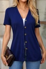 Kadın Kısa Kollu V Yakalı önü Düğmeli Viskon Bluz - Görsel 2