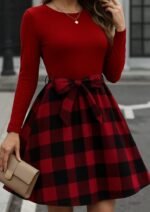 Kadın Uzun Kollu Bisiklet Yaka üst Viskon Alt Ekose Kısa Elbise - Görsel 2