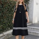 Kadın Kısa Kollu Bisiklet Yaka şerit Detaylı Midi Viskon Elbise