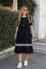 Kadın Kısa Kollu Bisiklet Yaka şerit Detaylı Midi Viskon Elbise