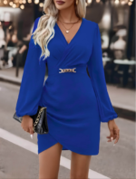 Kadın Uzun Kollu Kruvaze Yaka Yandan Büzgülü Asimetrik Detaylı Ithal Krep Mini Elbise - Görsel 5