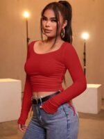 Kadın Kırmızı Kaşkorse Kumaş Bluz - Görsel 4