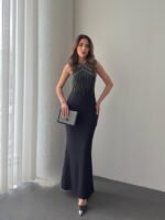 Kadın Omuz çoklu Askılı önü Taş Işlemeli Balık Kesim Janjan Krep Maxi Boy Elbise - Görsel 4