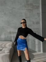 KAPİTONE DERİ ETEK YIRTMAÇLI - Saks - Görsel 2