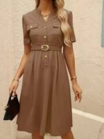 Kadın Kısa Kollu Düğmeli Ve Kemerli Atlas Elbise - Görsel 5