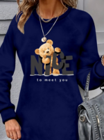 Kadın Uzun Kollu Bisiklet Yaka Ayı Desenli Viskon Iki Iplik Elbise - Görsel 2