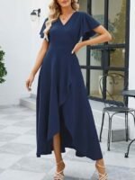 Kadın Kısa Kollu Kruvaze Yakalı ön Asimetrik Volanlı Uzun Ithal Krep Elbise - Görsel 3