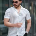 Erkek Kısa Kollu Gri çizgi Desenli örme Kumaş Pamuklu Gömlek