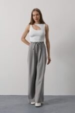 Pileli Bağcıklı Oversize Pantolon - Gri - Görsel 2