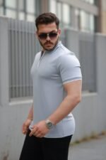 Erkek Fermuar Yakalı çizgi Detaylı Kısa Kollu Tişört - Görsel 2