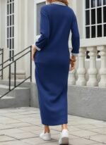 Kadın Uzun Kollu V Yakalı Yanlardan Yırtmaçlı Uzun Viskon Iki Iplik Elbise - Görsel 3