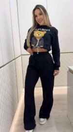 Kadın Uzun Kollu Bisiklet Yaka Desenli Iki Iplik şardonlu Bluz Ve Pantolon Ikili Takım