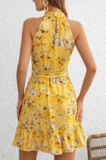 Kadın Omuzlardan Açık Balıkçı Yakalı Kuşaklı Desenli Kısa Süprem Elbise - Görsel 3