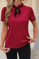 Kadın Kısa Kollu Yakası Fırfırlı Bağcıklı Janjan Krep Bluz - Görsel 2