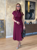 Kadın Kısa Kollu Yakadan Ve Etekten Fermuarlı Midi Viskon Iki Iplik Elbise - Görsel 4