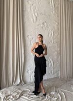 GÜLLÜ ELBİSE ASİMETRİK KATLI - Siyah - Görsel 4