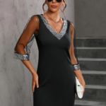 Kadın Uzun Kollu V Yaka Ve Kol Ucu Pul Payet Krep Elbise